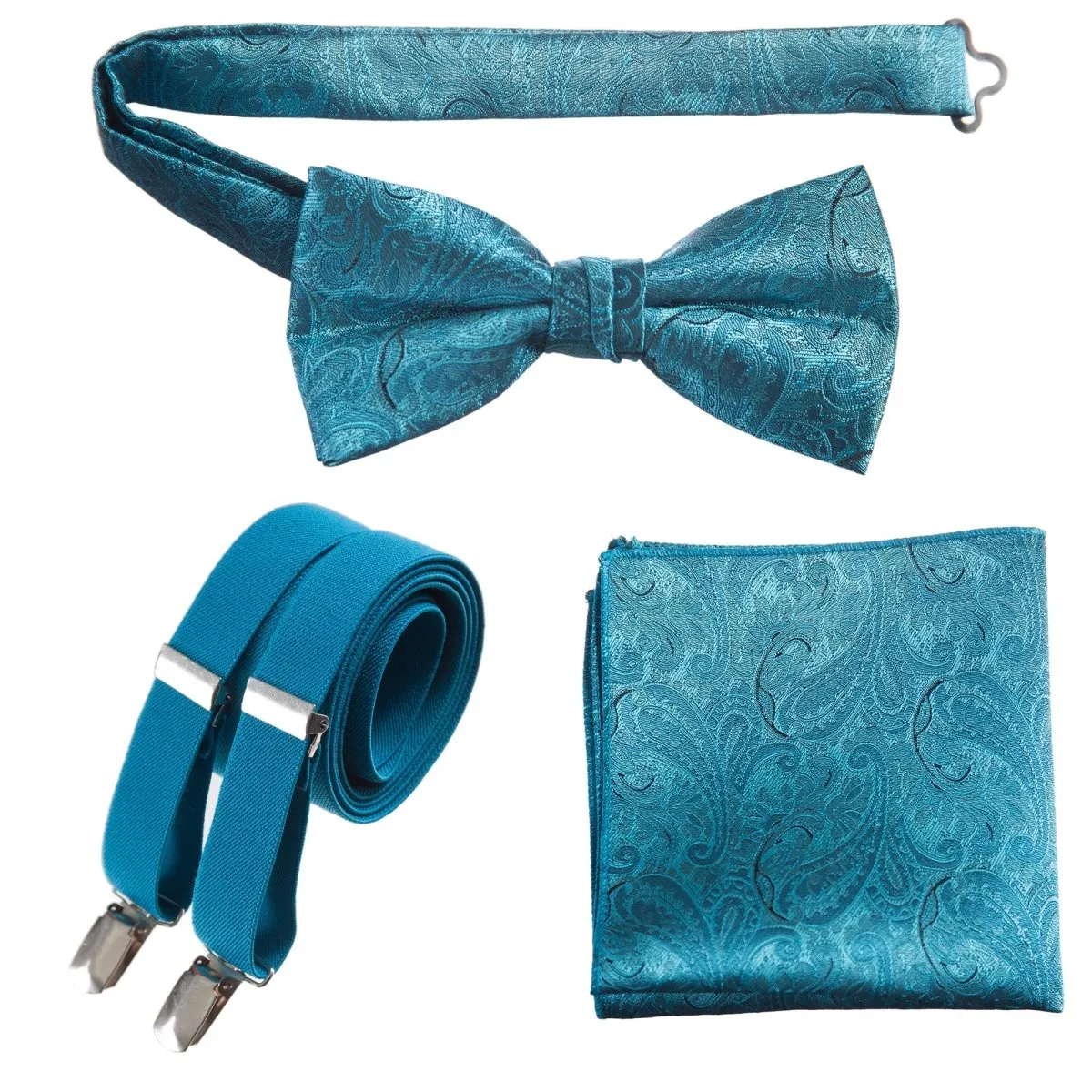 Pre-tied Bow Tie & Pocket Square Paisley Jacquard with Adjustable Stretch Suspender