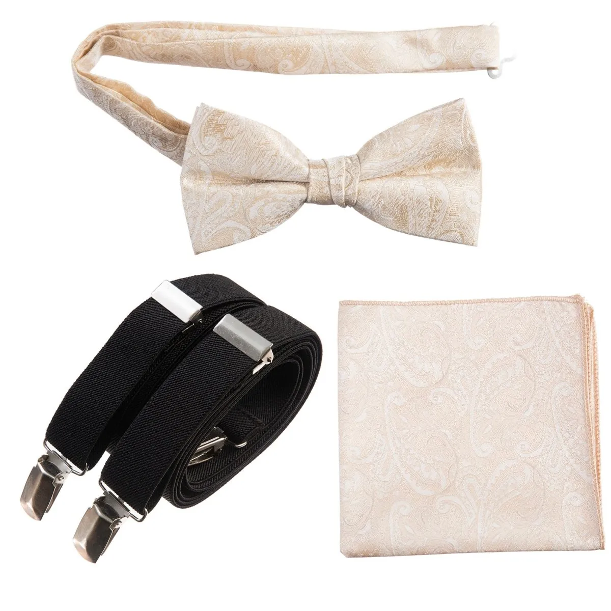 Pre-tied Bow Tie & Pocket Square Paisley Jacquard with Adjustable Stretch Suspender