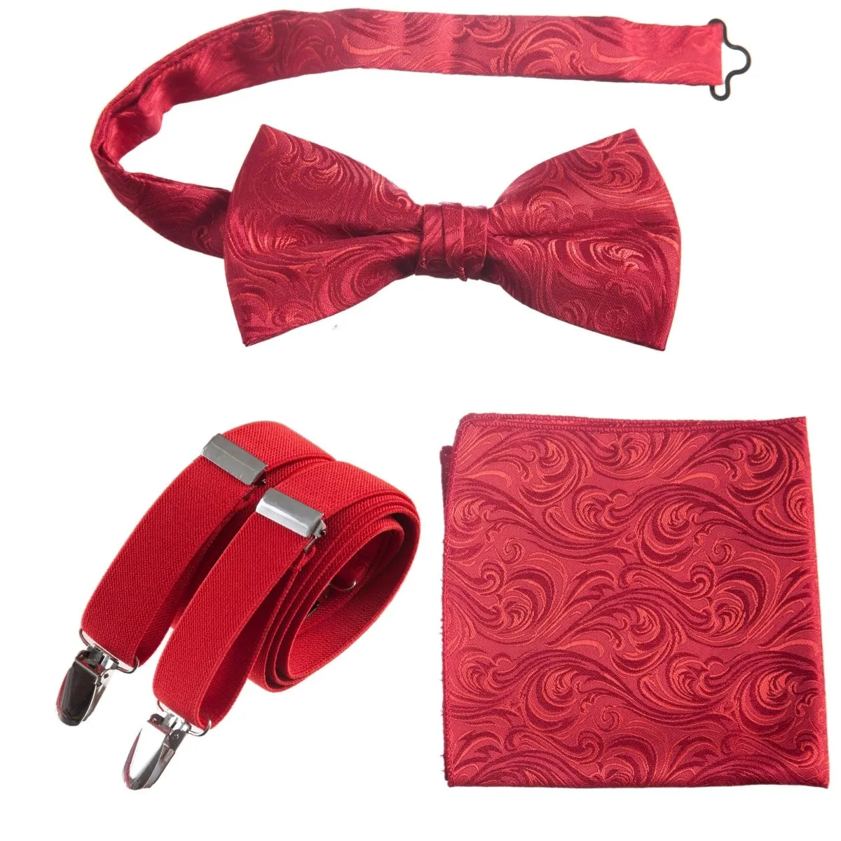 Pre-tied Bow Tie & Pocket Square Paisley Jacquard with Adjustable Stretch Suspender