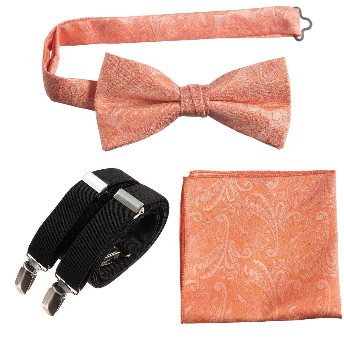 Pre-tied Bow Tie & Pocket Square Paisley Jacquard with Adjustable Stretch Suspender