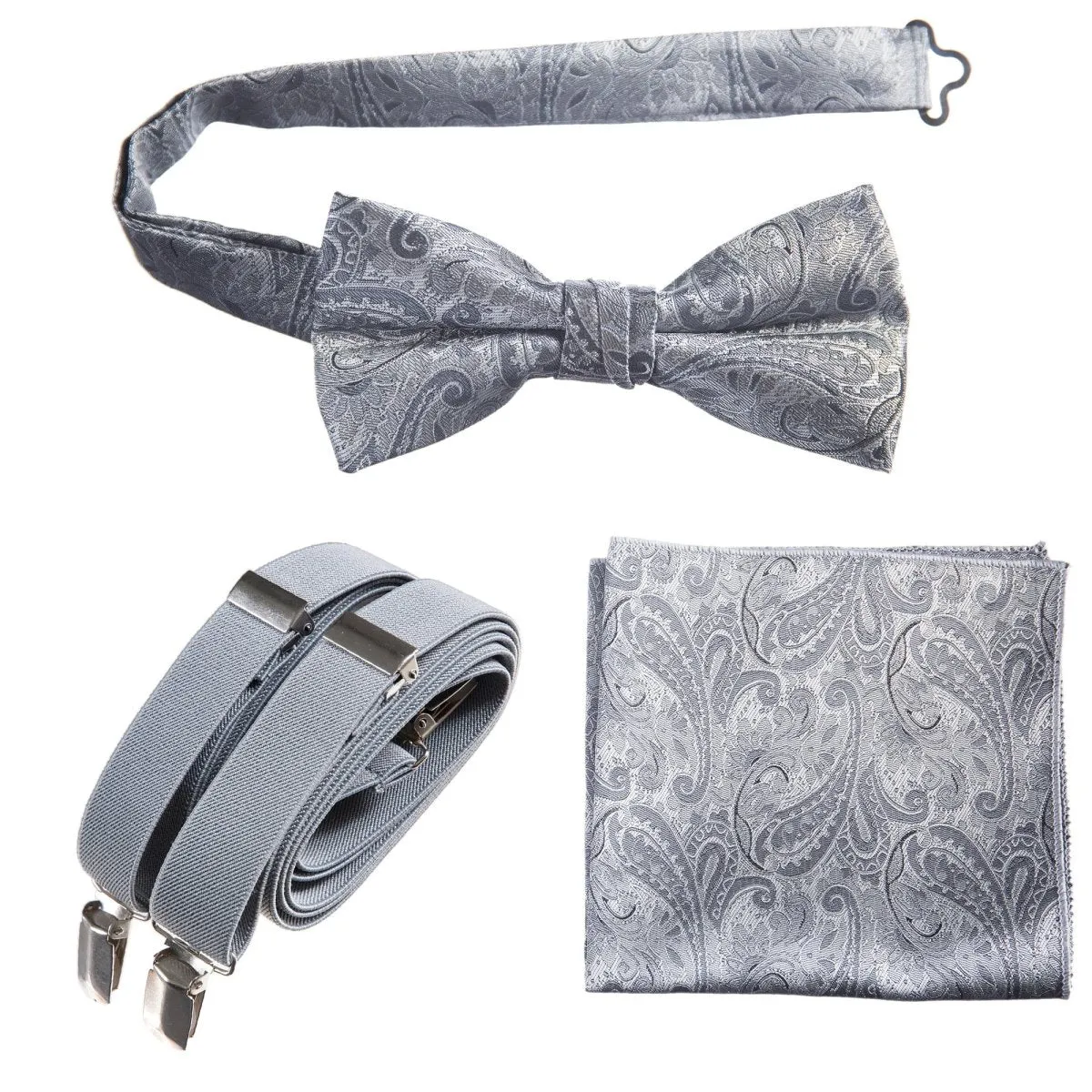 Pre-tied Bow Tie & Pocket Square Paisley Jacquard with Adjustable Stretch Suspender