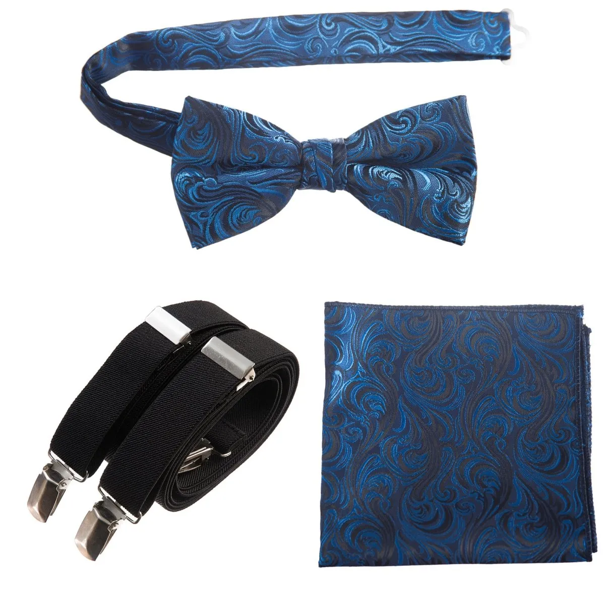 Pre-tied Bow Tie & Pocket Square Paisley Jacquard with Adjustable Stretch Suspender