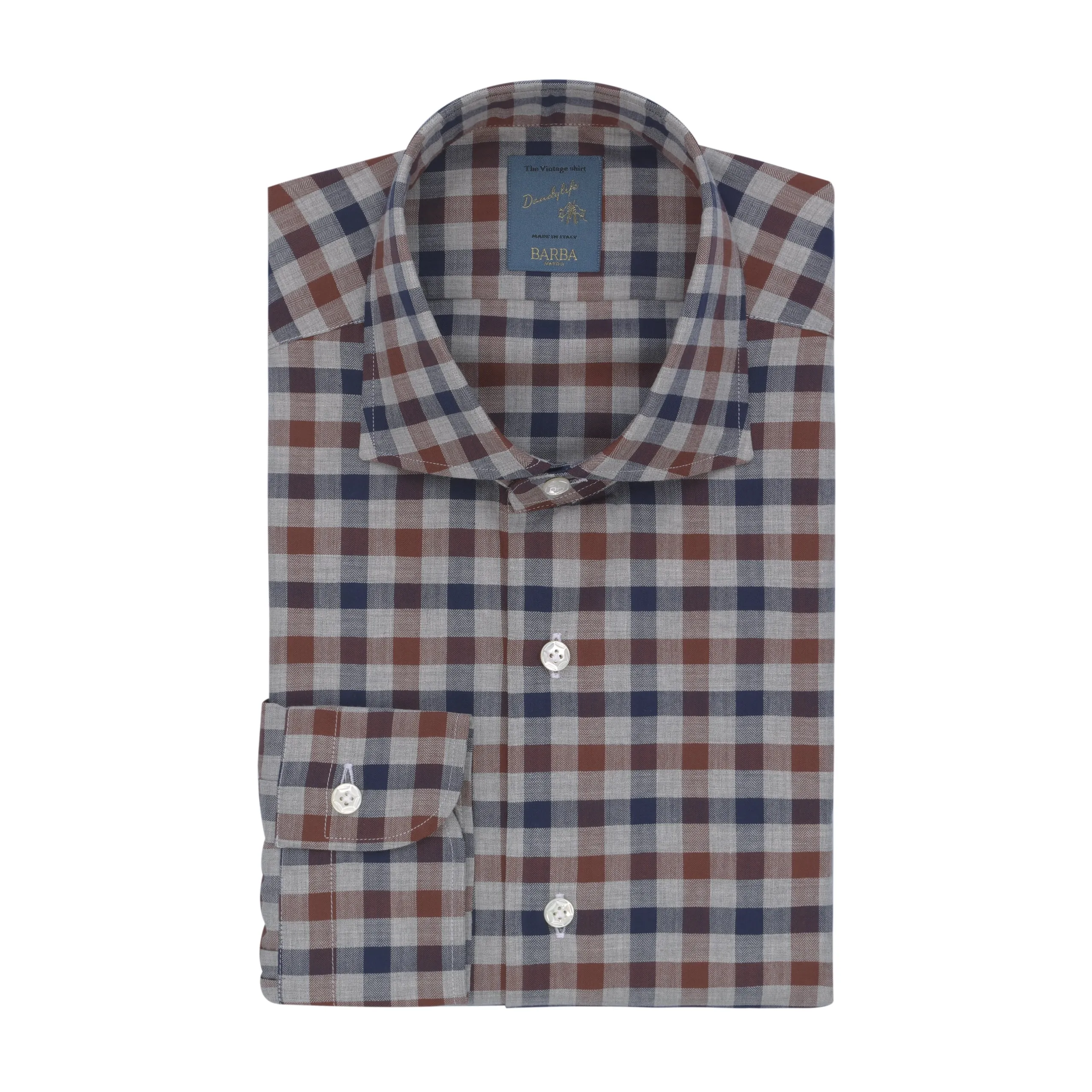 "Dandy Life" Gingham-Check Cotton Shirt in Blue, Brown and Grey