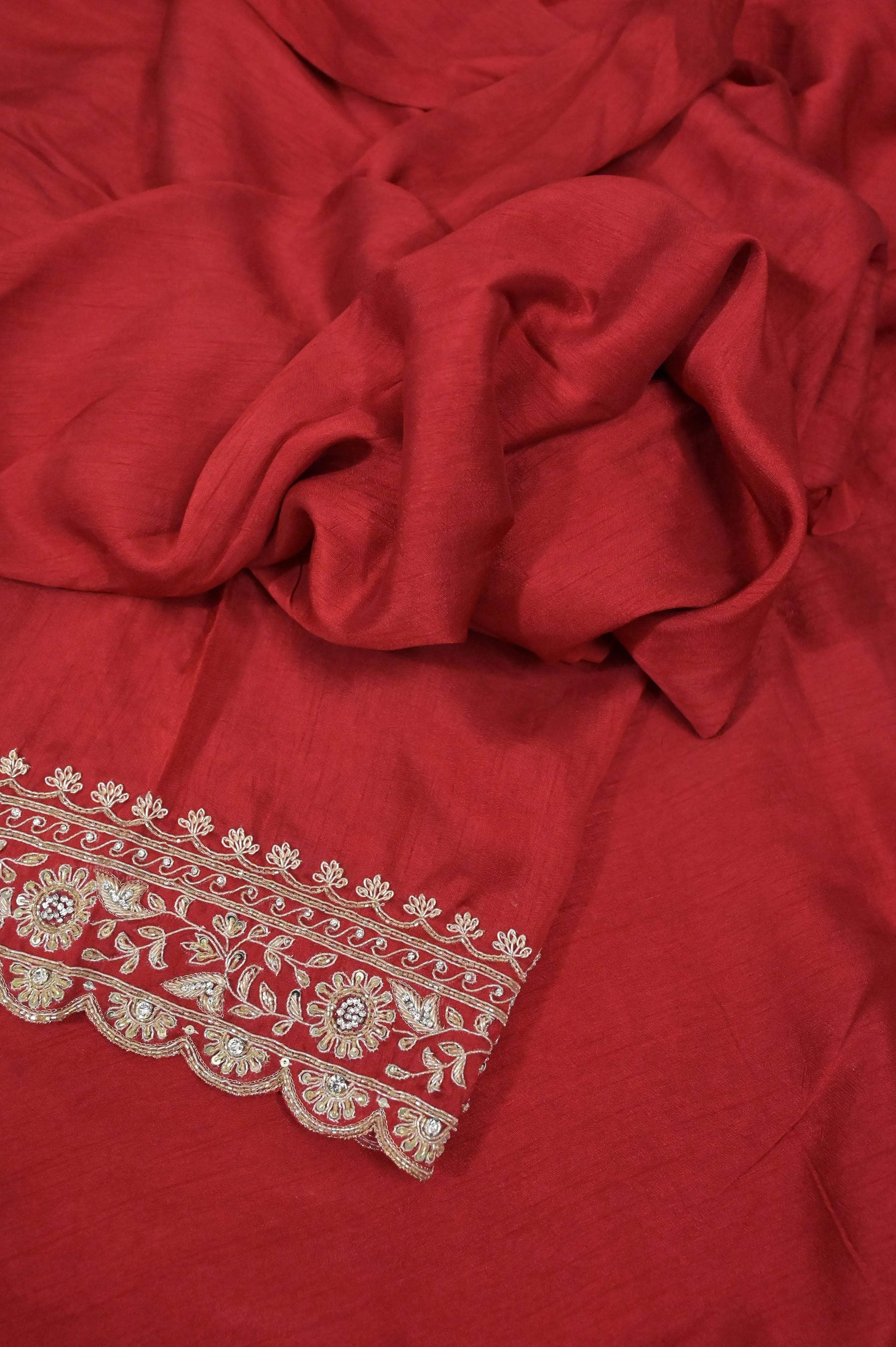 Red Color Russian Silk Saree with Hand Crafted Zardozi Embroidery