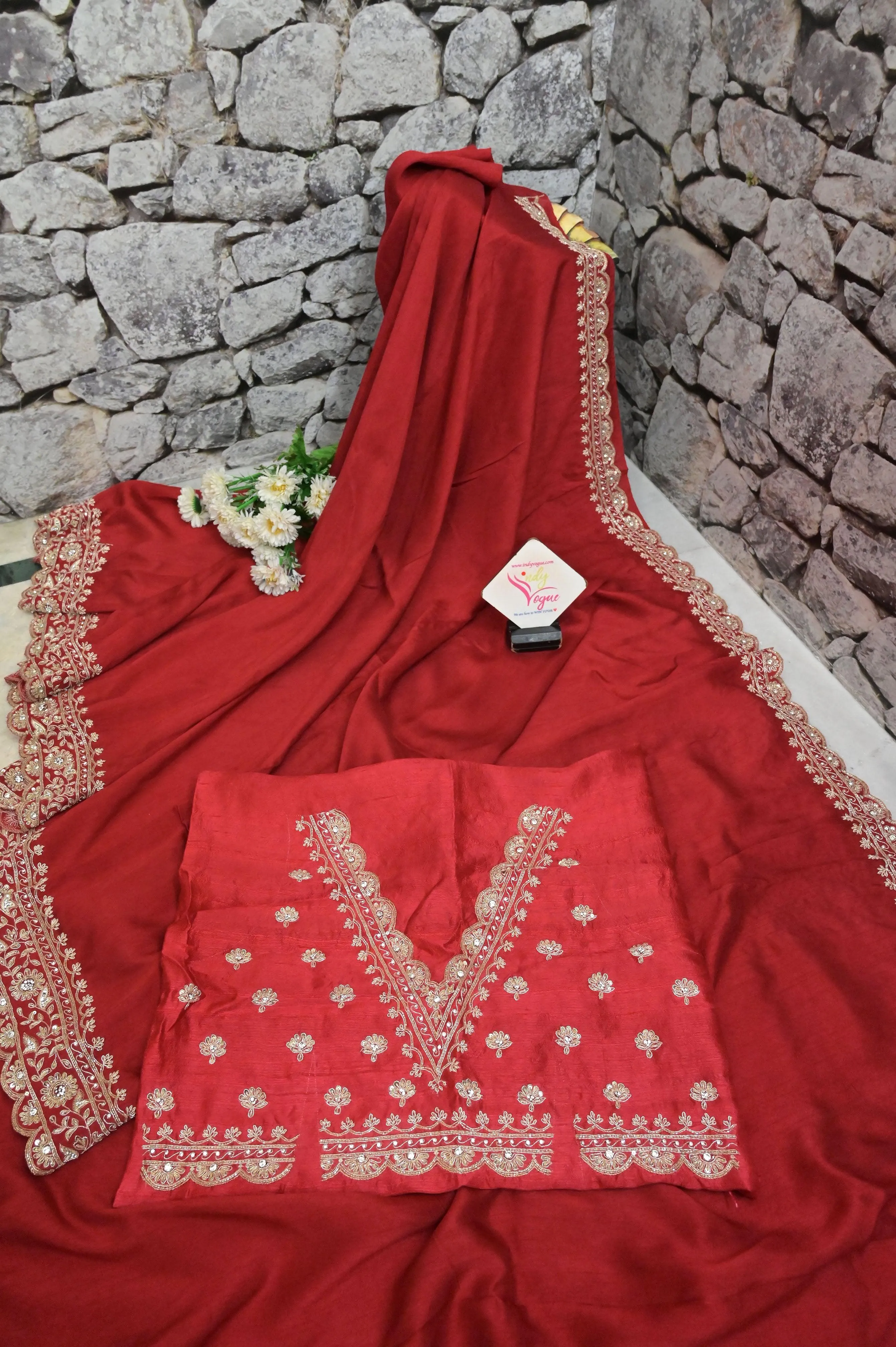 Red Color Russian Silk Saree with Hand Crafted Zardozi Embroidery