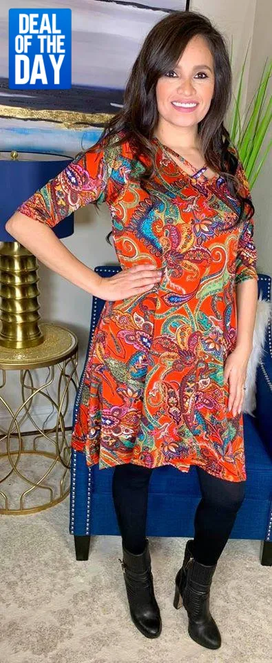 S-M-L : Rust Paisley Flutter Dress with Criss Cross Neck