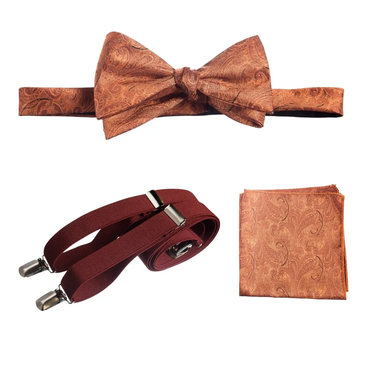 Self-tie Bow Tie & Pocket Square Paisley Jacquard with Adjustable Stretch Suspender