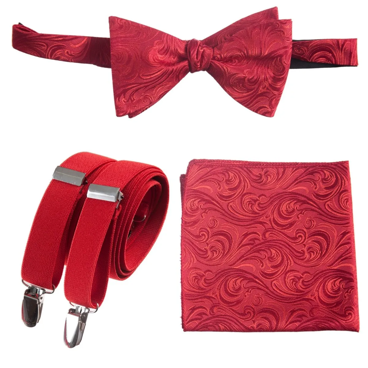 Self-tie Bow Tie & Pocket Square Paisley Jacquard with Adjustable Stretch Suspender