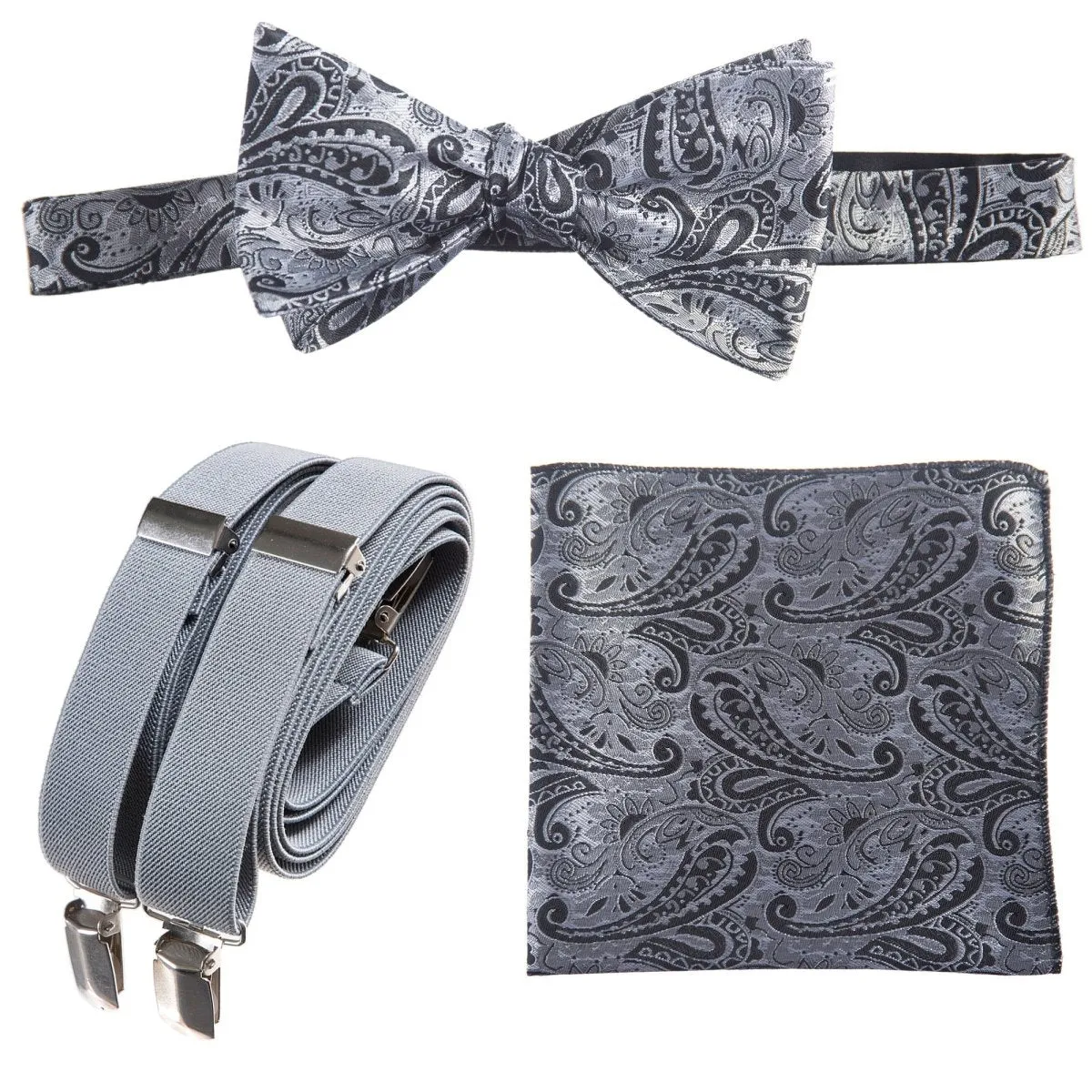 Self-tie Bow Tie & Pocket Square Paisley Jacquard with Adjustable Stretch Suspender