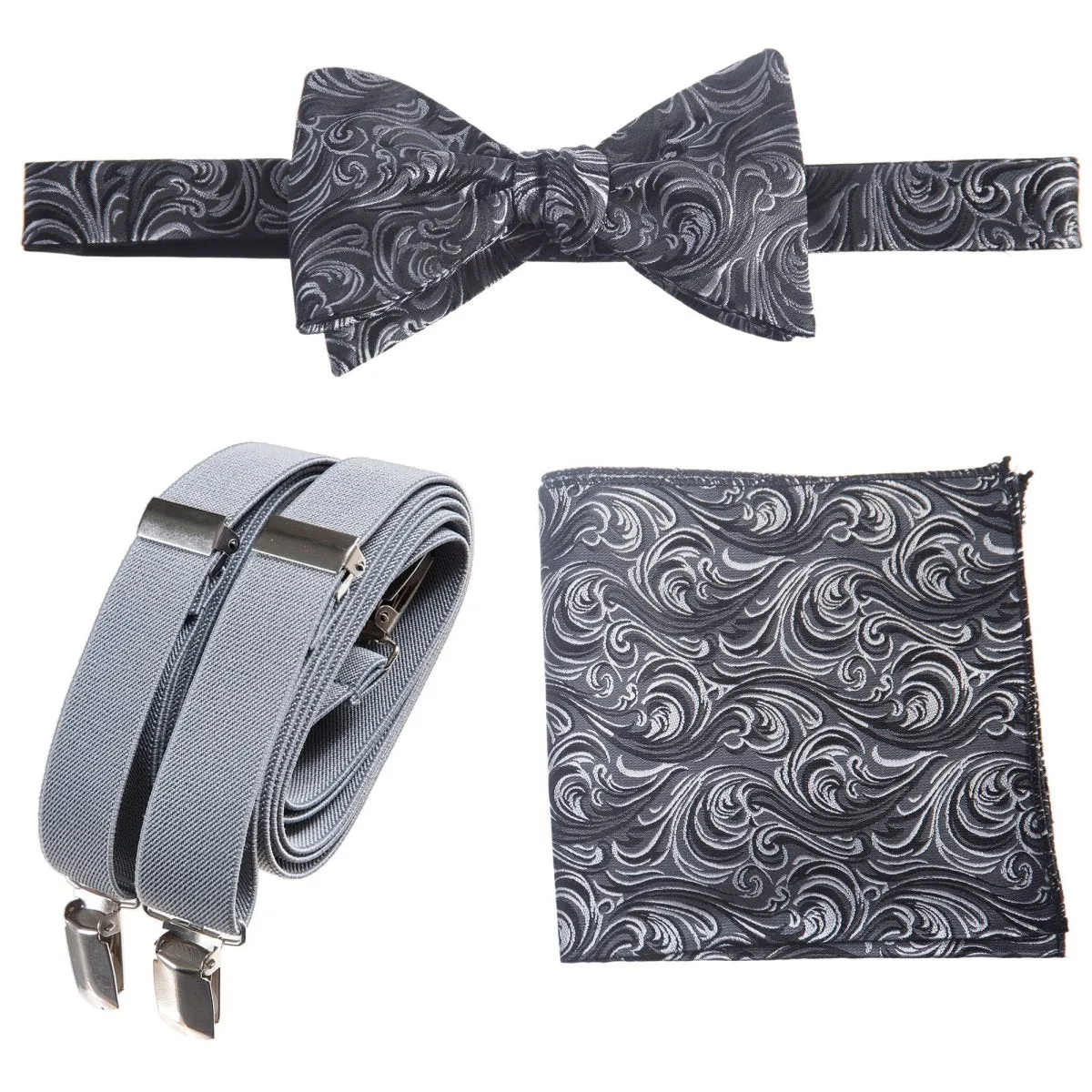 Self-tie Bow Tie & Pocket Square Paisley Jacquard with Adjustable Stretch Suspender