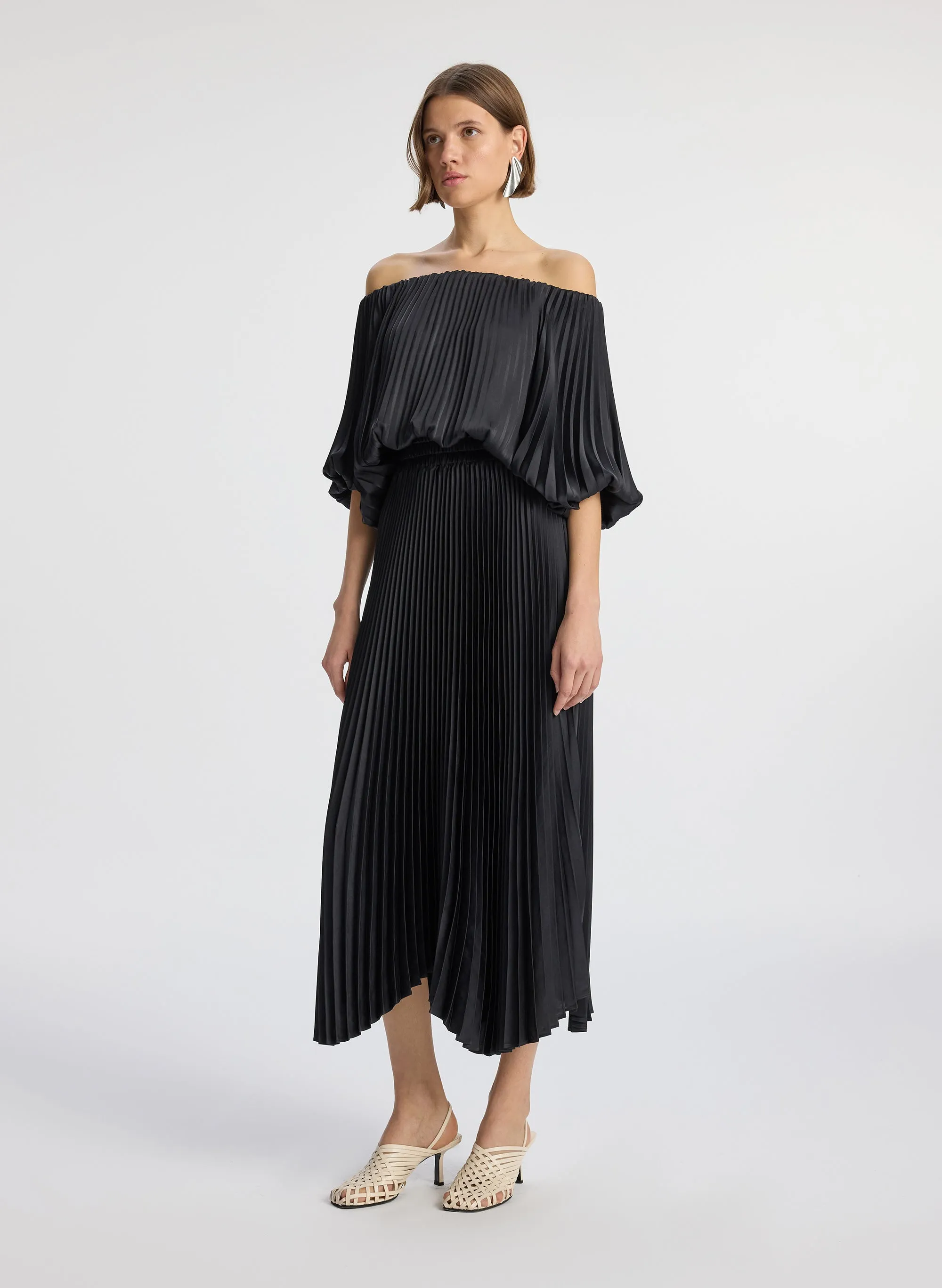 Sienna Satin Pleated Off Shoulder Dress