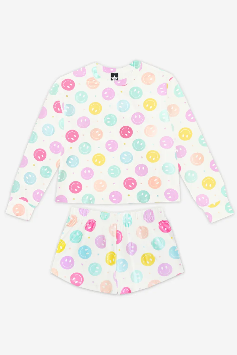 Simply Soft Long Sleeve Easy Tee & Dolphin Short - Ivory Multi Smile Stars