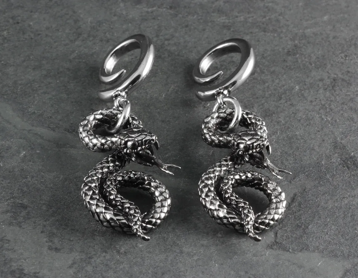 Spiral Snake Gauged Spiral Earrings - Silver