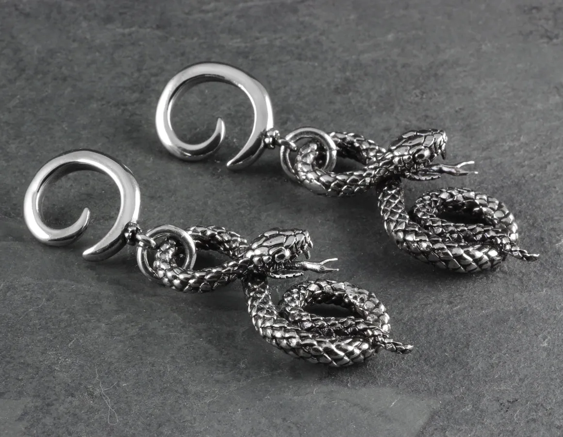 Spiral Snake Gauged Spiral Earrings - Silver