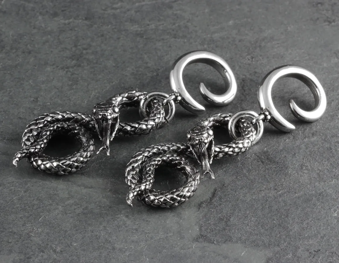 Spiral Snake Gauged Spiral Earrings - Silver