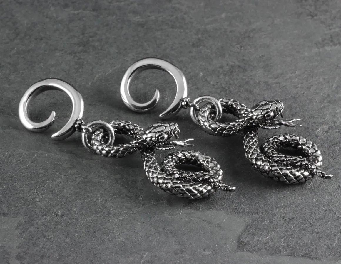 Spiral Snake Gauged Spiral Earrings - Silver