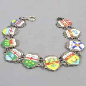 Sterling Silver & Enamel Canadian Provinces Travel Shield Charm Bracelet Vintage c1970