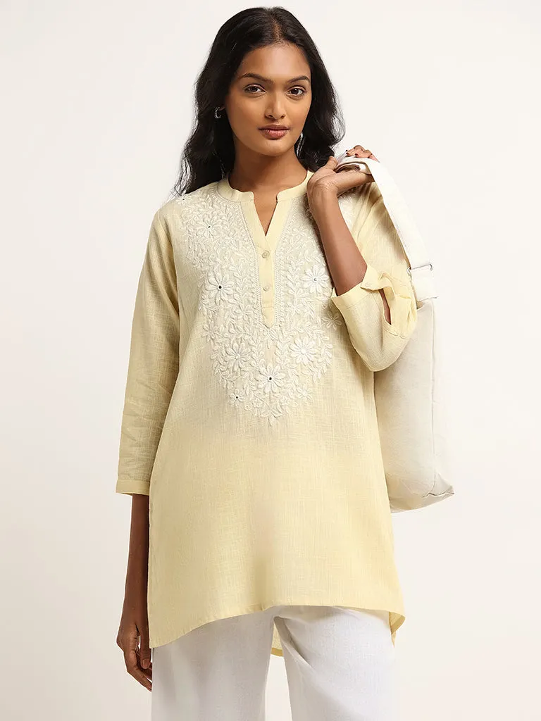 Utsa Yellow Floral Embroidered Cotton Kurti