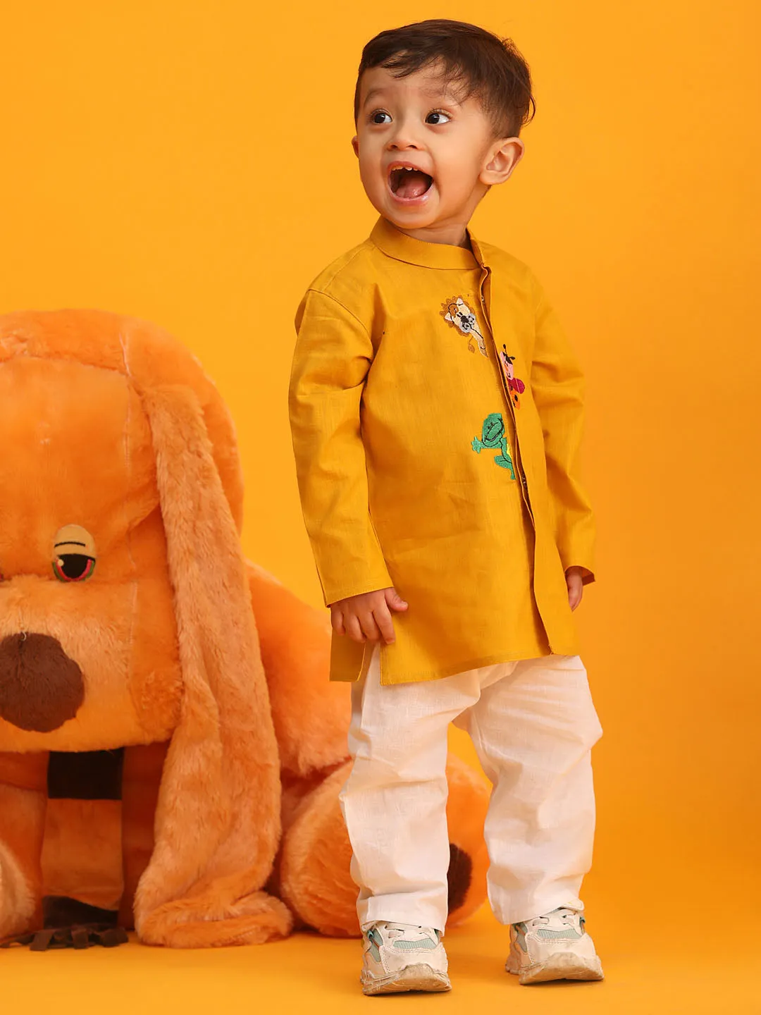 VASTRAMAY Boy's Mustard and White Cotton Kurta Pyjama Set