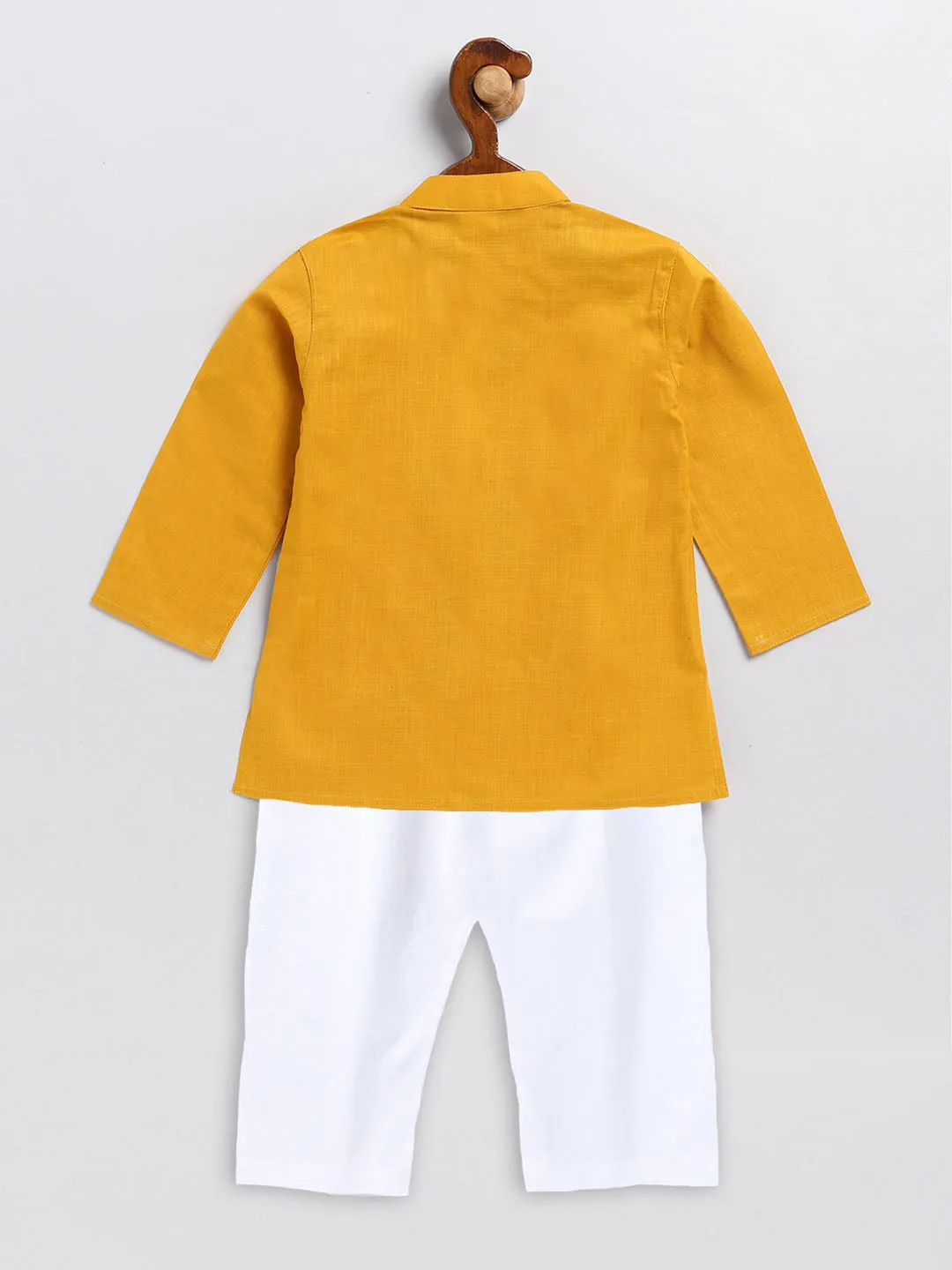 VASTRAMAY Boy's Mustard and White Cotton Kurta Pyjama Set