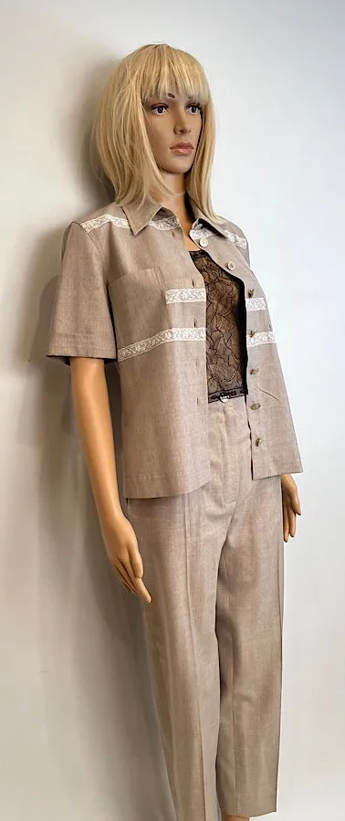 Vintage Chanel 1997 Khaki Blouse Pants Summer Wool Set FR 34