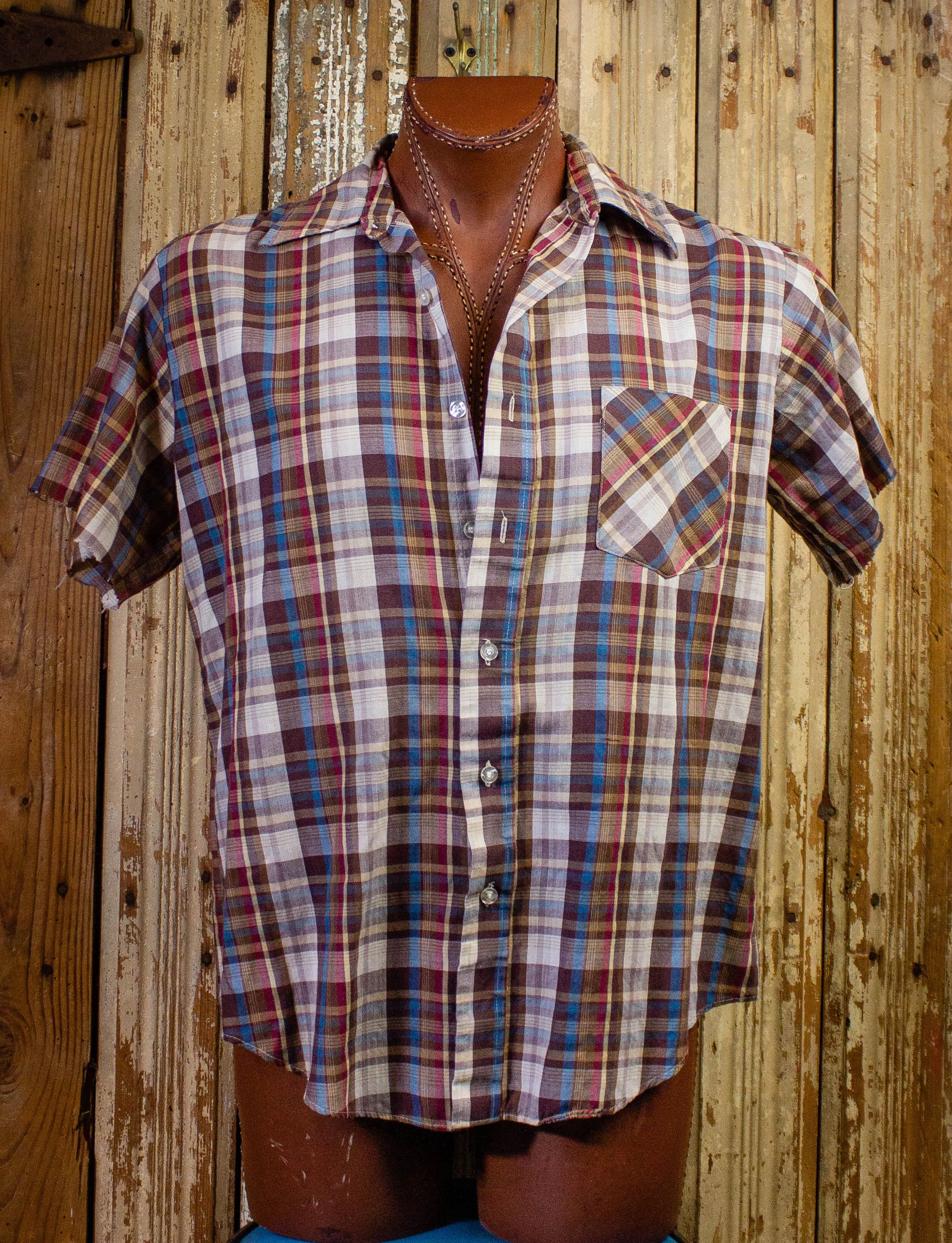 Vintage Dee Cee Cut Off Plaid Button Up Shirt 70s 2XL