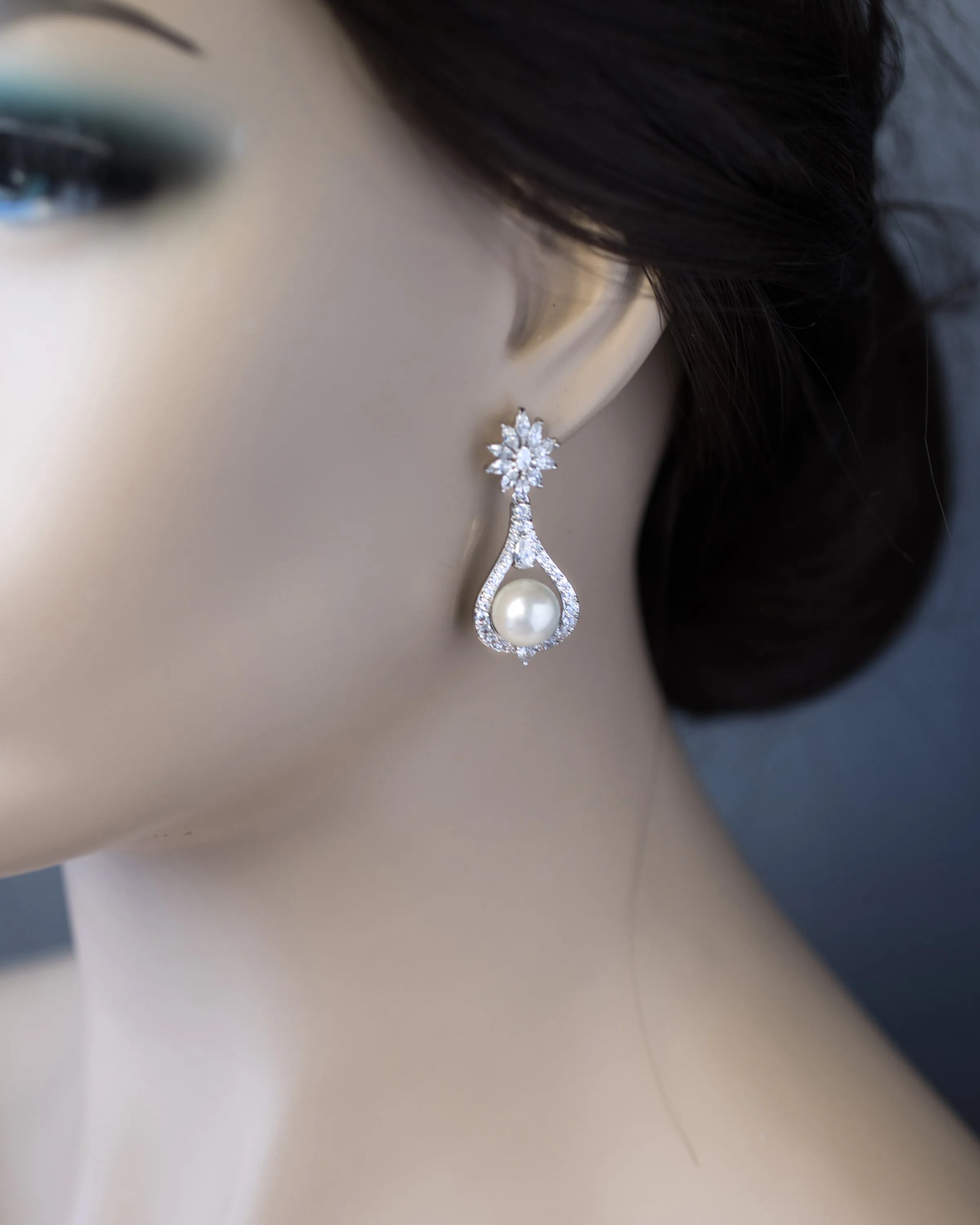 Vintage Drop Pearl CZ Earrings