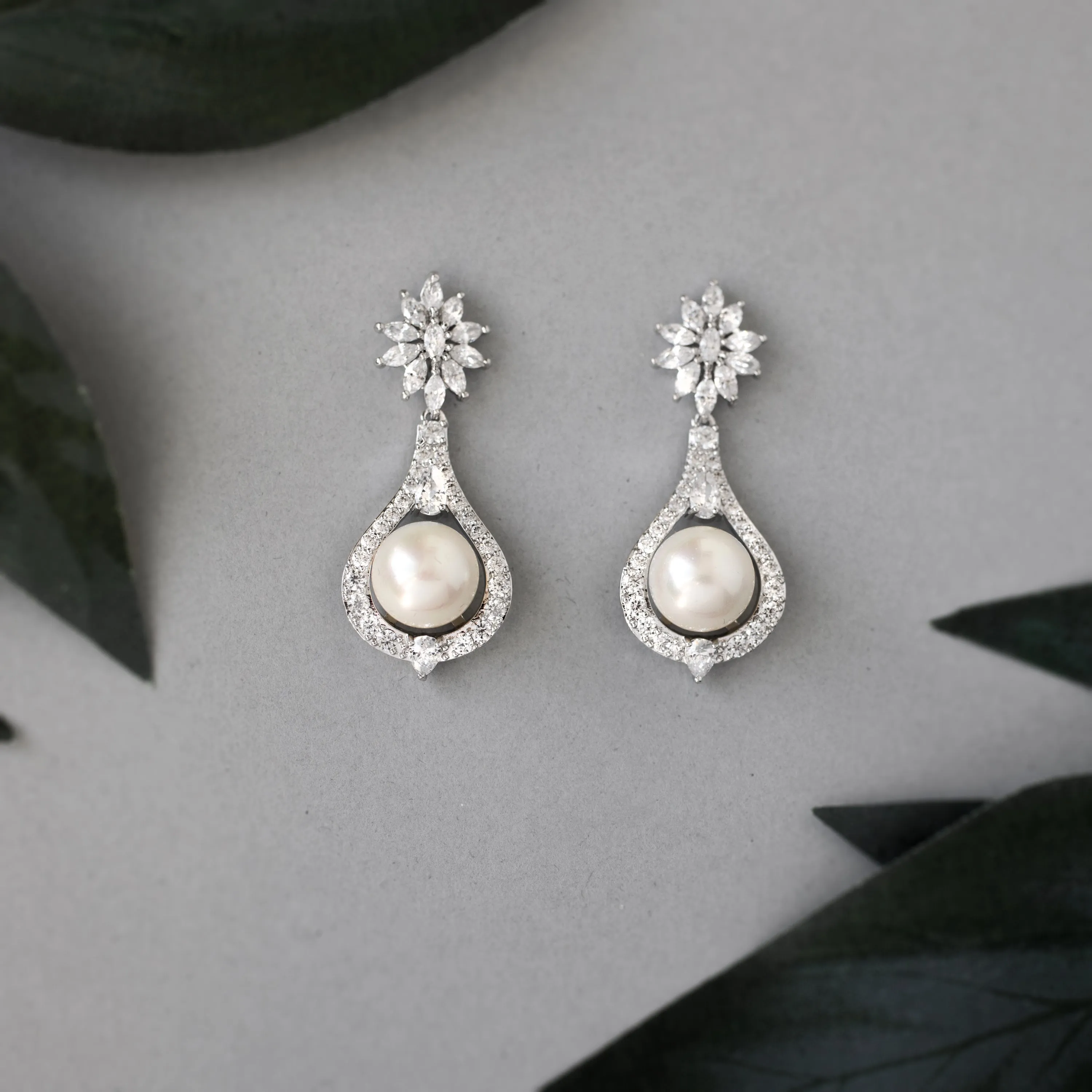 Vintage Drop Pearl CZ Earrings