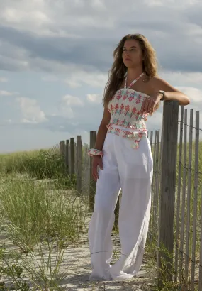 White Linen High Waisted Pants with Wide Legs and Pockets